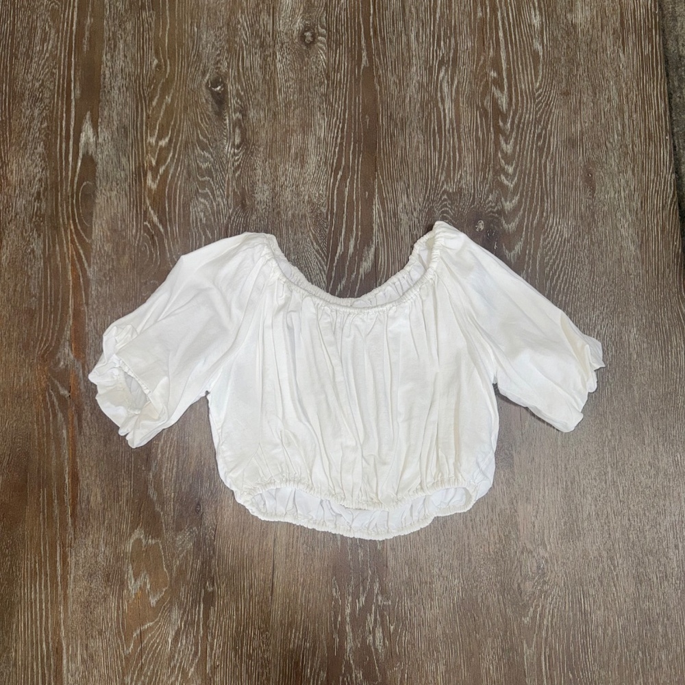 New ZARA White Linen Blend Bohemian Short Balloon Sleeve Lined Top Size M - Picture 5 of 8